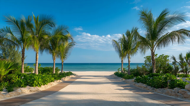 Florida Beach Sand Pathway with palm trees and ocean breeze, tropical seaside retreat