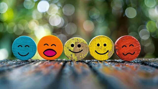 Five colorful wooden emojis depicting a range of emotions, from happiness and laughter to sadness and neutrality, sit on a wooden surface against a blurred green background with bokeh