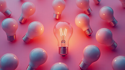 Glowing lightbulb standing out among dim bulbs on pink background