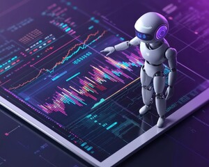 Futuristic robot analyzing financial data on a holographic interactive screen