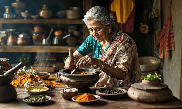 Elderly Woman Preparing Spices in Rustic Kitchen
