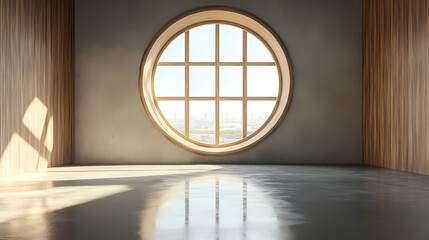 Empty room with round wood window, 3d rendering. Immemorial. Illustration