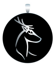 Round silver medallion - pendant with black enamel and the image of a raised deer head - vector illustration. Costume jewelry depicting a red deer