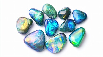 Realistic arrangement of a set of opals with their iridescent play-of-color and smooth surfaces, showcasing various hues of blue