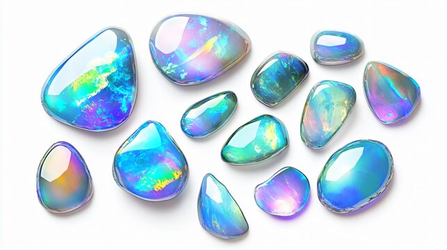 Realistic arrangement of a set of opals with their iridescent play-of-color and smooth surfaces, showcasing various hues of blue