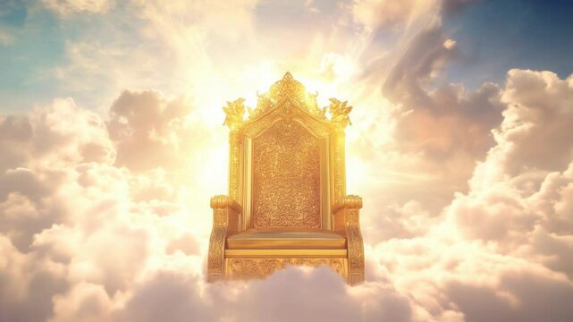 majestic golden throne of god in heaven in the sky surrounded white clouds and divine light. Second coming of Jesus Christ.