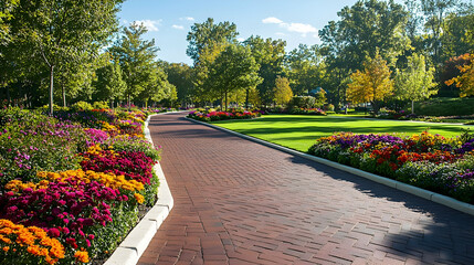 Obraz premium New York Park Brick Pathway with manicured lawns and flower beds, elegant urban trail