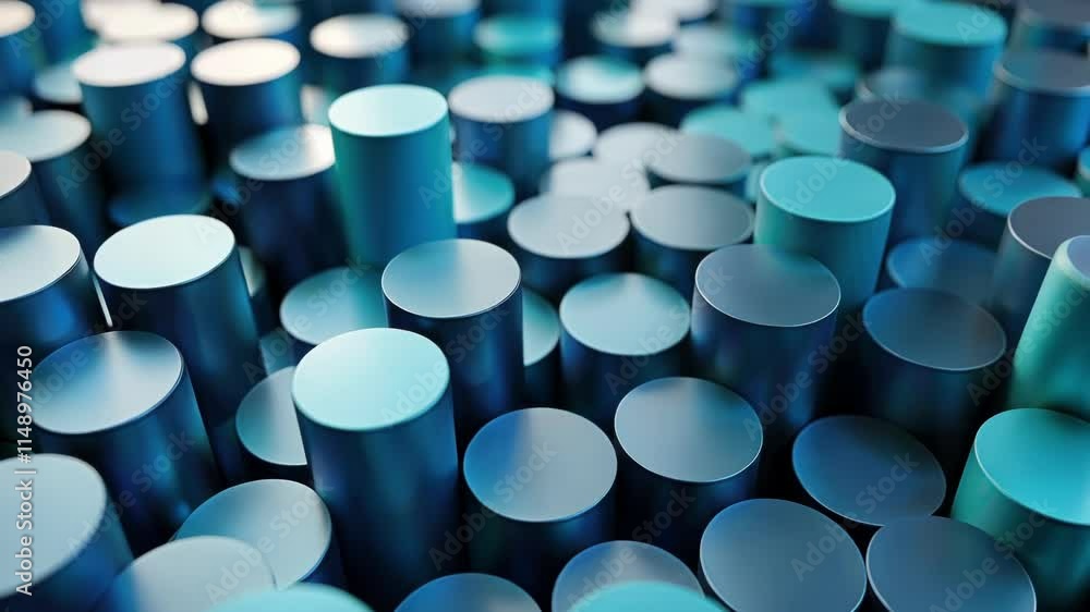 Poster numerous blue cylinders rise and fall, creating a dynamic visualization of big data, symbolizing inf