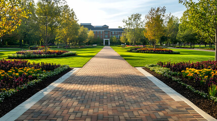 Fototapeta premium New York Park Brick Pathway with manicured lawns and flower beds, elegant urban trail