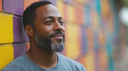 A thoughtful man poses against a colorful mural, exuding a sense of calm and reflection.