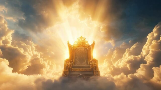 majestic golden throne of god in heaven in the sky surrounded white clouds and divine light. Second coming of Jesus Christ.