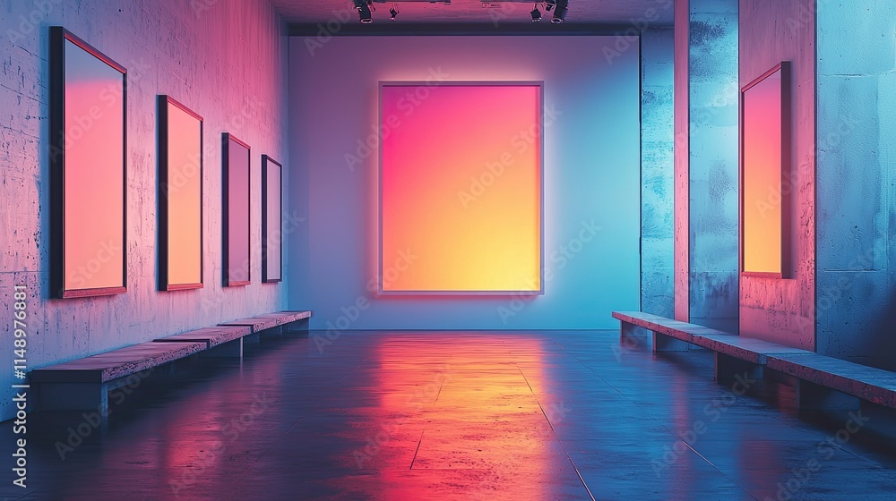 Poster a modern art gallery with colorful lighting and empty frames.