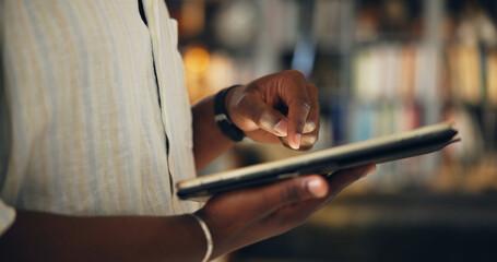 Library, student and hands with tablet for education, college website and check results for exam. Closeup, person and scroll with digital for university research, test information and online learning