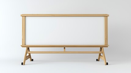 Large blank whiteboard on wooden stand with wheels, isolated on white background.