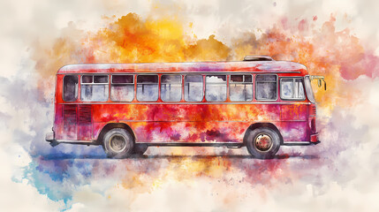 Abstract watercolor painting of an old bus. used for making posters, wallpaper, cards, stickers, brochures. Immemorial. Illustration