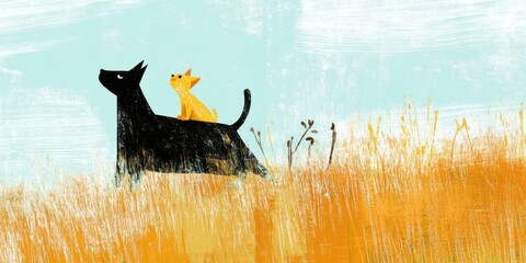 A Playful Dog and Cat Enjoying Their Time Together in a Beautiful Golden Field Under the Sun