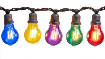 Vibrant multicolored string lights displaying yellow, blue, purple, green, and red bulbs