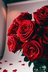 Stunning red roses with droplets in close-up arrangement with heart-shaped decorations