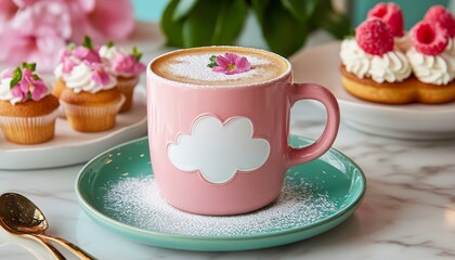 Whimsical Cloud Latte in Dreamy Cafe A Delightful Treat with Desserts and Sugar Dusting