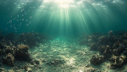 Obraz premium Sunbeams Illuminate Underwater Coral Reef Scene