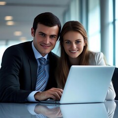 Obraz premium Young businesspeople work indoors with a laptop.