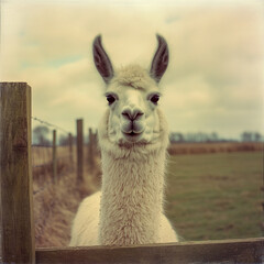Obraz premium Curious llama standing in pasture on a cloudy day