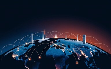 Connected World Global Technology, Global network connection, data centers illuminate earth at night.