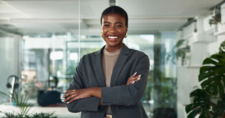 Portrait, proud lawyer and black woman in office for advocate, confidence and business. Arms...