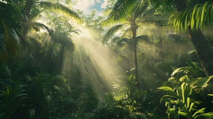 Serene Jungle Landscape with Sunlight Filtering Through Tree Canopy