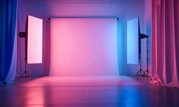 Colorful photography studio setup with lighting equipment