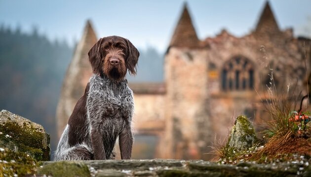 german wirehaired pointer on blurred historical past