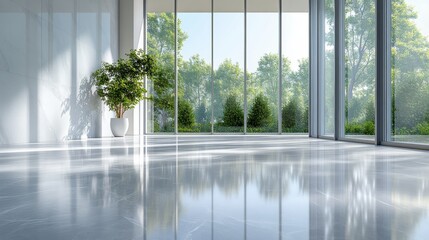 Naklejka premium Modern minimalist room with large windows and tree views