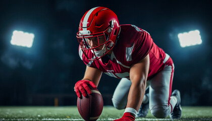 A football player in red and white uniform crouching intensely, exuding focus and readiness under bright stadium lights.