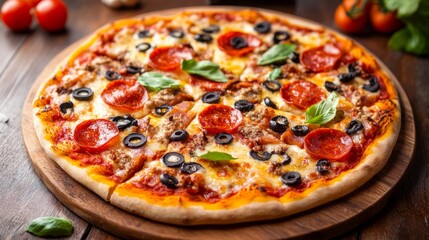 Aromatic Pepperoni Pizza with Olives and Basil