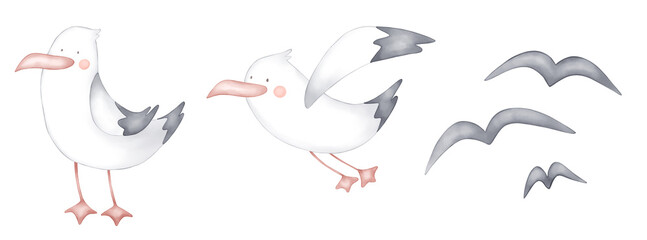 Obraz premium Conjunto de gaviotas pintadas a mano en acuarela, estilo infantil, de cerca y de lejos. Tiernas ilustraciones, ideales para decoraciones infantiles.