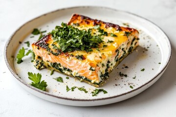 Delicious salmon and spinach casserole garnished with fresh herbs on a white plate