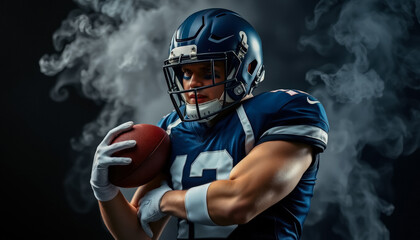 A football player in blue gear gripping the ball, surrounded by dramatic smoke, radiating power and intensity.