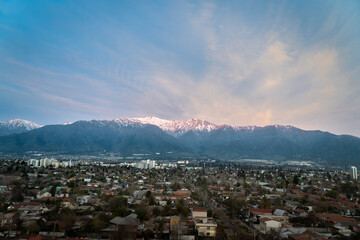 aerial view of Santiago de Chile with the Andes mountain range behind. Financial city, business capital to visit and travel.