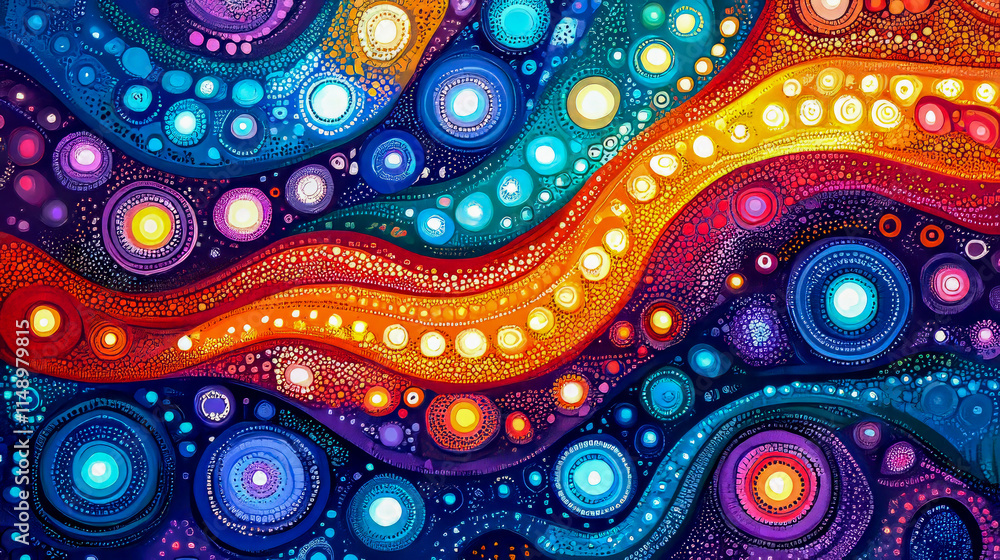 Poster vibrant abstract patterns in multicolored circular and wavy designs