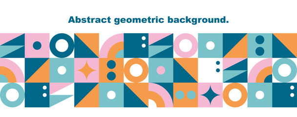Obraz premium Abstract modern geometric background. Design in minimal flat bauhaus style. Banner template with simple shapes. Squares, stripes, circles, triangles and stars. Vector illustration. 