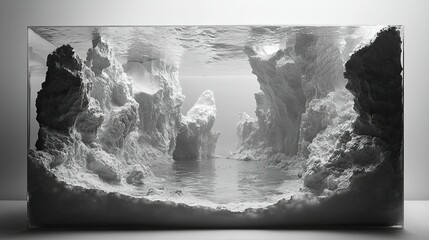 A monochrome depiction of an icy landscape within a transparent structure.