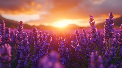 Naklejka premium A serene landscape of a vast lavender field at sunset, with rows of purple flowers stretching into the distance and a warm golden light illuminating the scene, creating a dreamy atmosphere.