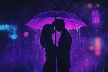 A lofi couple embracing under an umbrella during a rainstorm, finding comfort in each other amidst the storm.