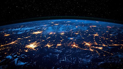 A night view of Earth showcasing city lights and natural features from space.