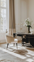 Bureau lumineux avec un bureau noir et des fleurs en décoration.