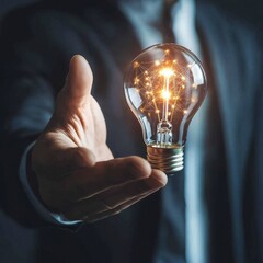 Glowing bulb, male hand