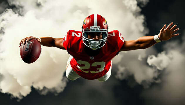 A football player in a red uniform mid-air, holding the ball with intensity and surrounded by dynamic smoke effects. - Powered by Adobe