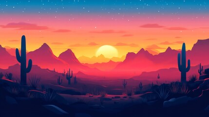 Fototapeta premium Vibrant Desert Sunset with Cacti and Colorful Sky Landscape