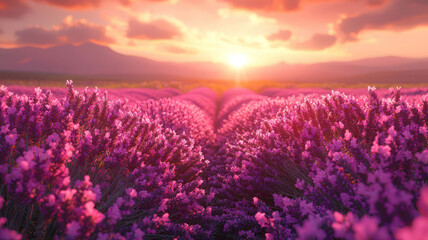 Fototapeta premium A serene landscape of rolling hills covered in lavender fields, with rows of vibrant purple flowers stretching into the distance, and a soft breeze carrying their sweet fragrance through the air.