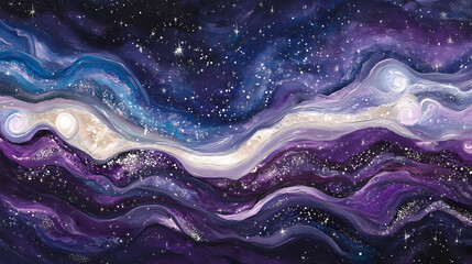 Obraz premium Vibrant purple and blue hues swirl together in a stunning celestial landscape, featuring twinkling white stars and. Celestine. Illustration